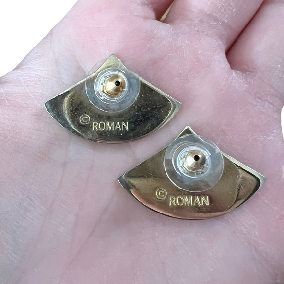 ROMAN Cobalt Blue Enamel Inlay Art Deco Style Fan Pierced Earrings - Picture 5 of 7